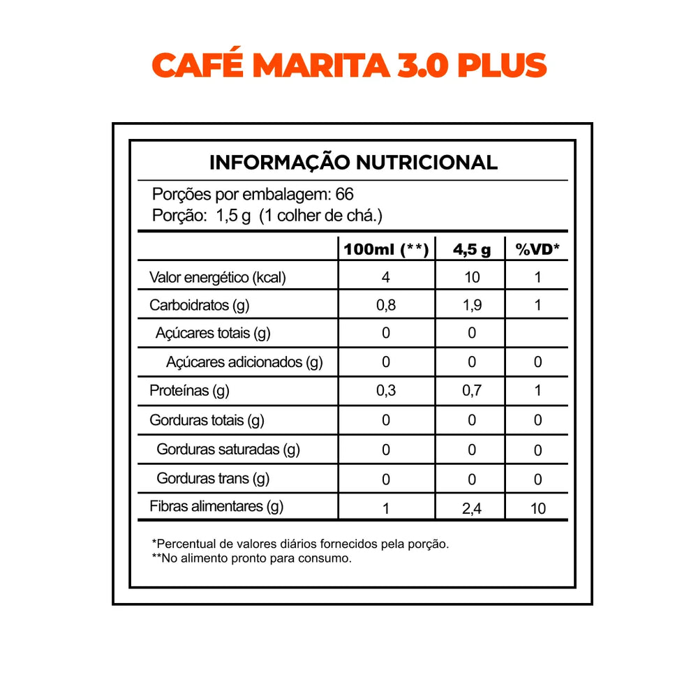 Informação nutricional do Café 3.0 Plus